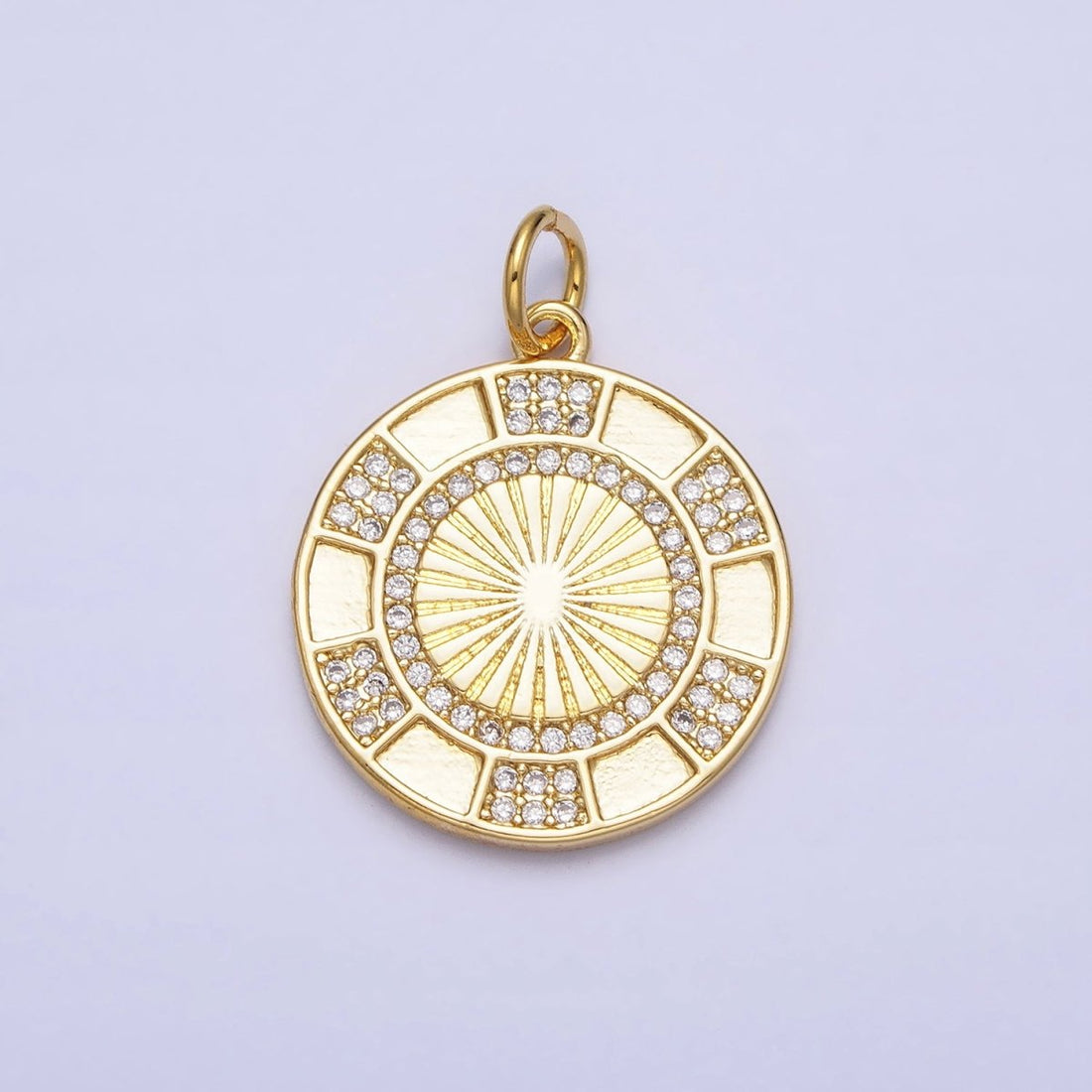 24K Gold Filled Clear Micro Paved CZ Round Sunburst Medallion Charm | AC369