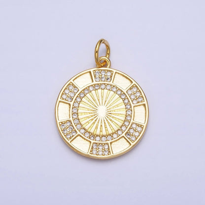 24K Gold Filled Clear Micro Paved CZ Round Sunburst Medallion Charm | AC369