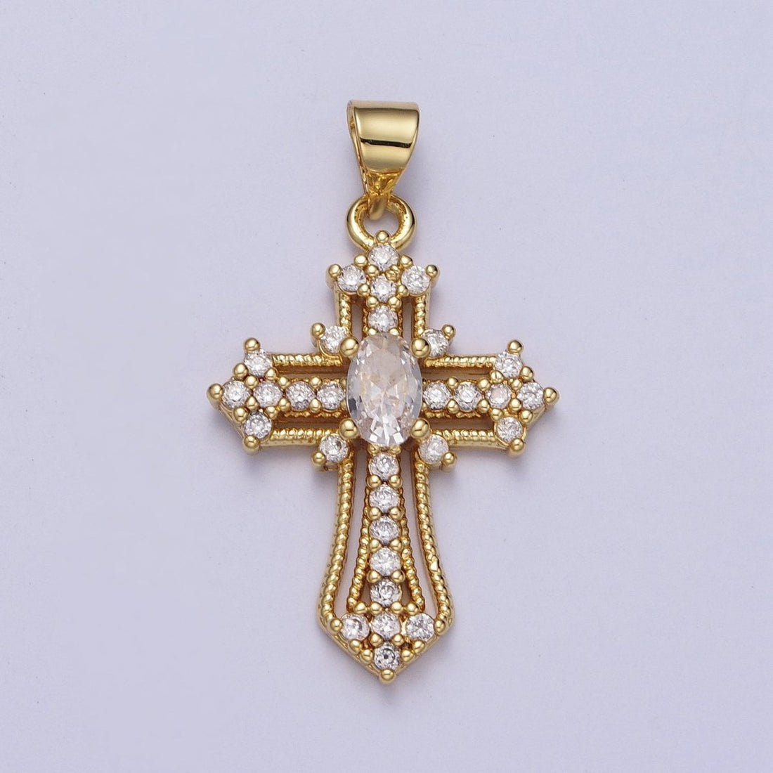 24K Gold Filled Clear, Multicolor Micro Paved Oval CZ Passion Cross Religious Pendant | X-504 X-505