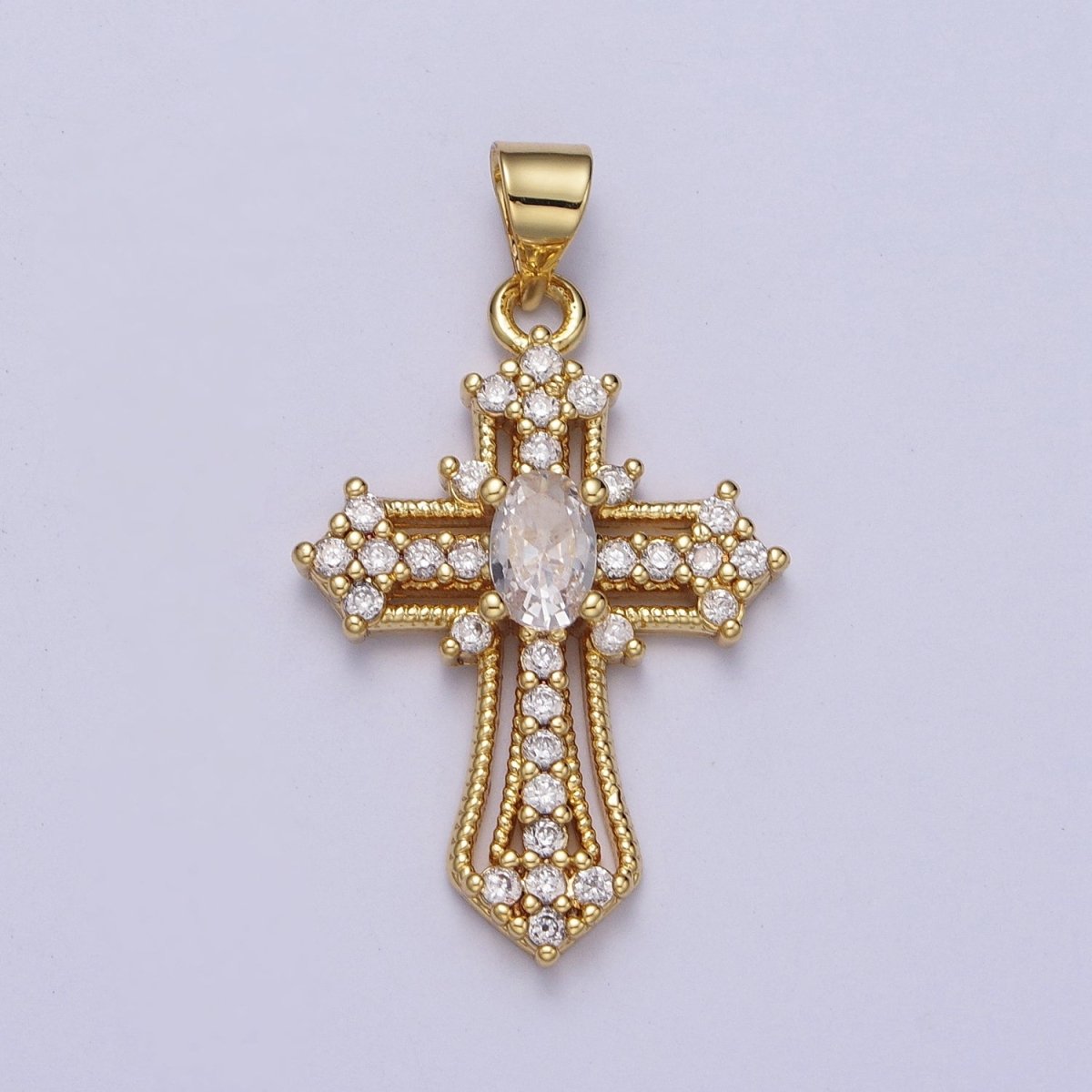 24K Gold Filled Clear, Multicolor Micro Paved Oval CZ Passion Cross Religious Pendant | X-504 X-505