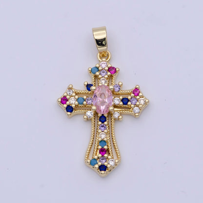 24K Gold Filled Clear, Multicolor Micro Paved Oval CZ Passion Cross Religious Pendant | X-504 X-505