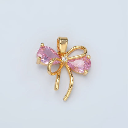 24K Gold Filled Clear, Pink CZ Bow Ribbon Pendant | H859