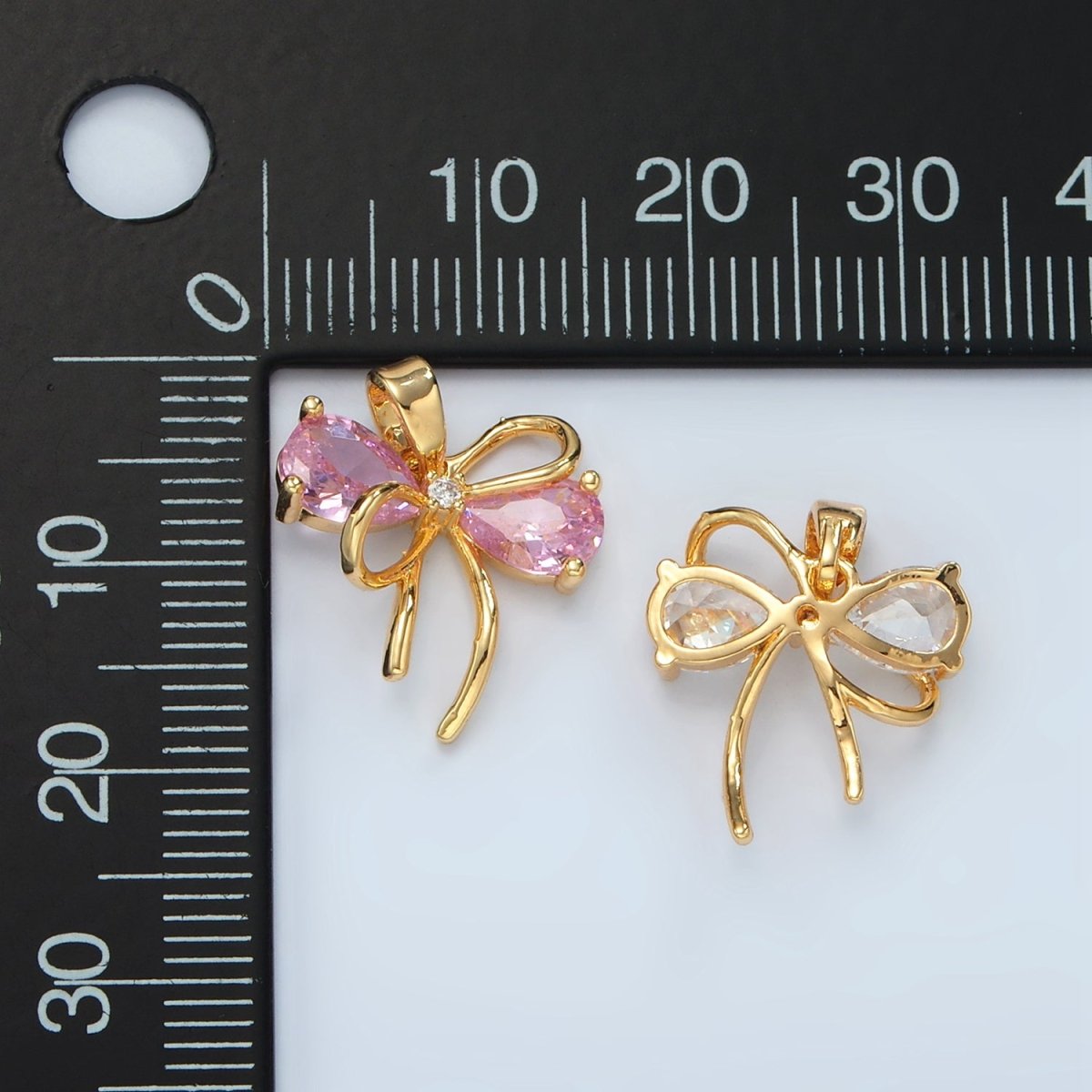 24K Gold Filled Clear, Pink CZ Bow Ribbon Pendant | H859