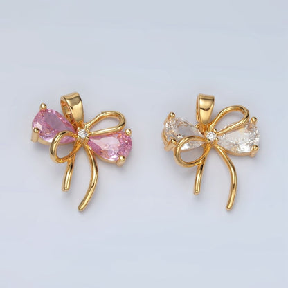 24K Gold Filled Clear, Pink CZ Bow Ribbon Pendant | H859