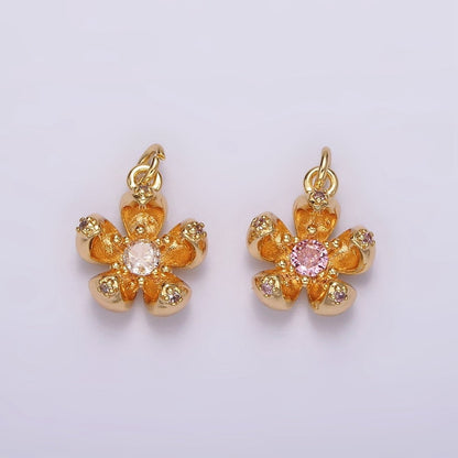 24K Gold Filled Clear, Pink CZ Flower Charm | AG547 AG548