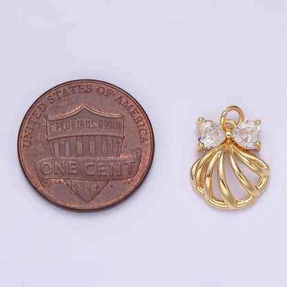 24K Gold Filled Clear, Pink CZ Heart Bow Clam Sea Shell Open Charm | AG851