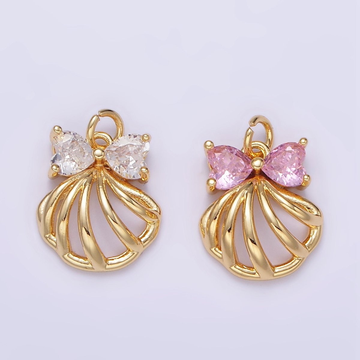 24K Gold Filled Clear, Pink CZ Heart Bow Clam Sea Shell Open Charm | AG851