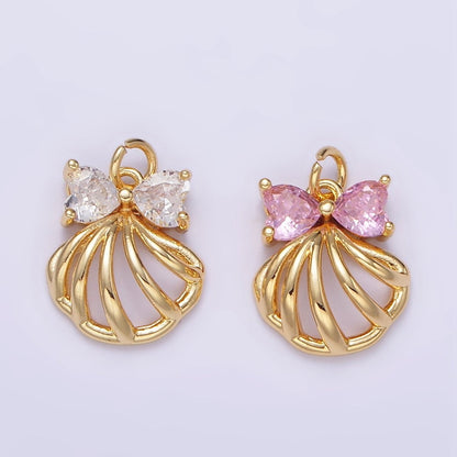 24K Gold Filled Clear, Pink CZ Heart Bow Clam Sea Shell Open Charm | AG851