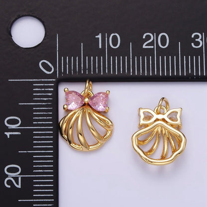 24K Gold Filled Clear, Pink CZ Heart Bow Clam Sea Shell Open Charm | AG851