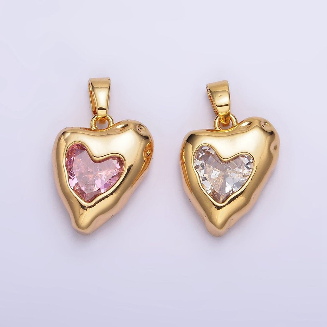 24K Gold Filled Clear, Pink CZ Molten Heart Pendant | AA-592 AA-593