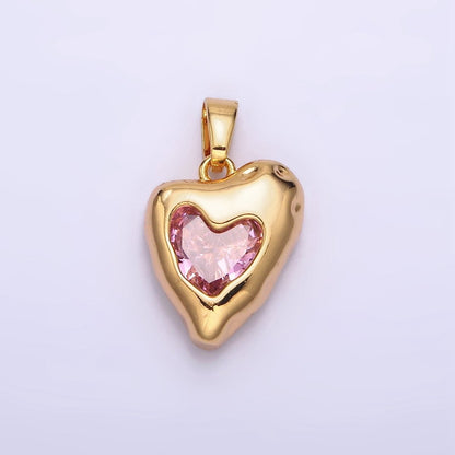 24K Gold Filled Clear, Pink CZ Molten Heart Pendant | AA-592 AA-593