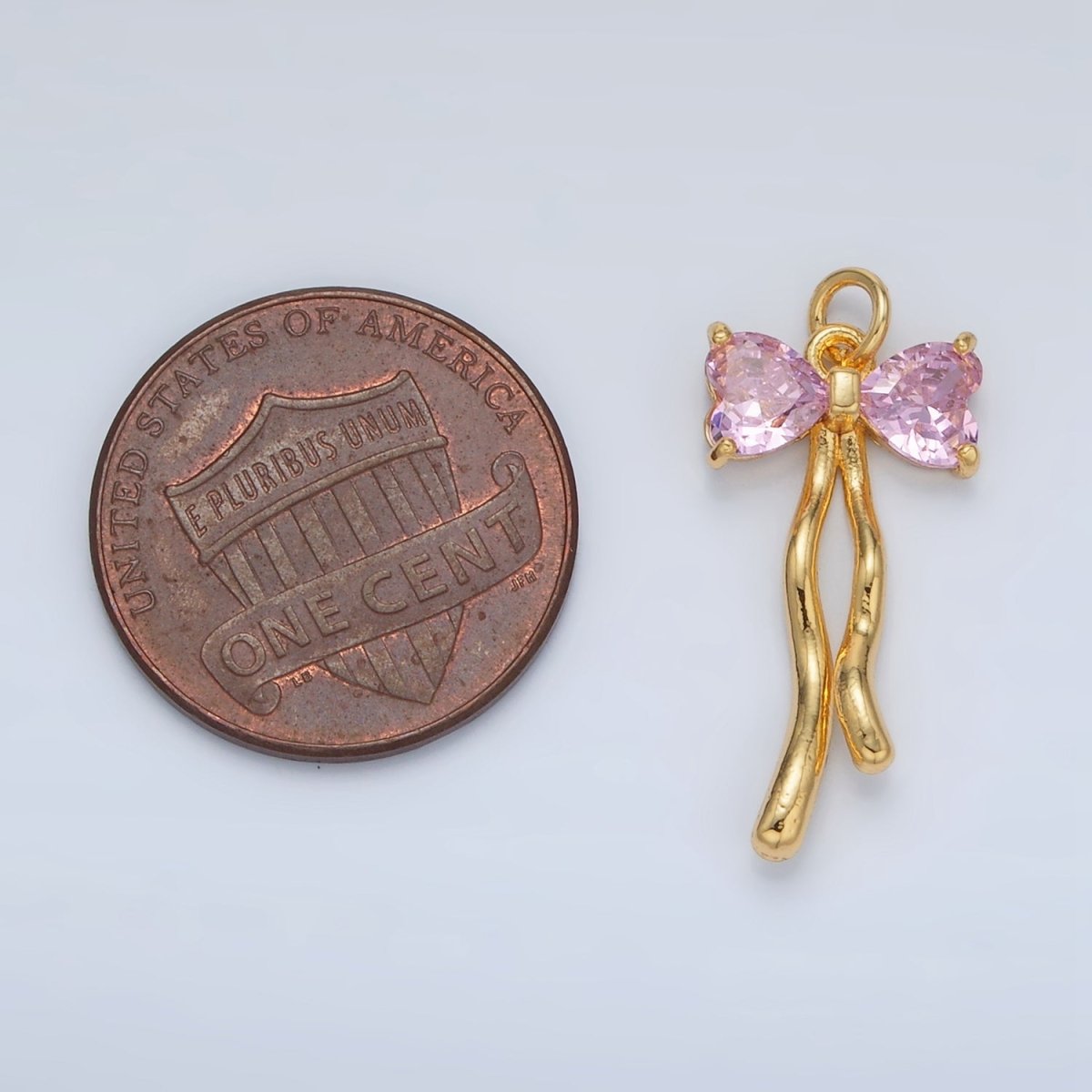 24K Gold Filled Clear, Pink CZ Ribbon Bow Drop Mini Charm in Gold &amp; Silver | AC101 W453