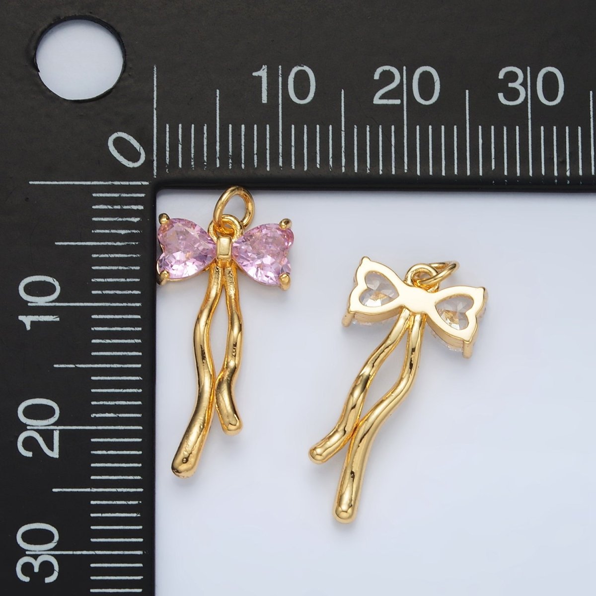 24K Gold Filled Clear, Pink CZ Ribbon Bow Drop Mini Charm in Gold &amp; Silver | AC101 W453