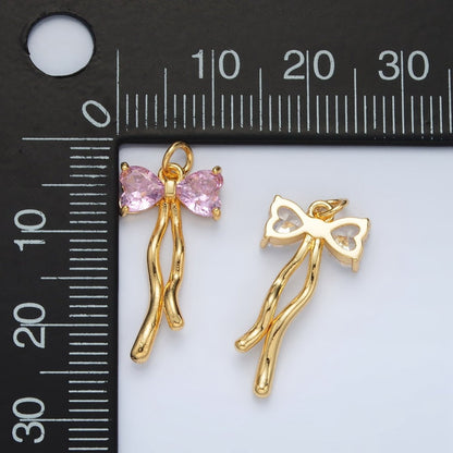24K Gold Filled Clear, Pink CZ Ribbon Bow Drop Mini Charm in Gold &amp; Silver | AC101 W453
