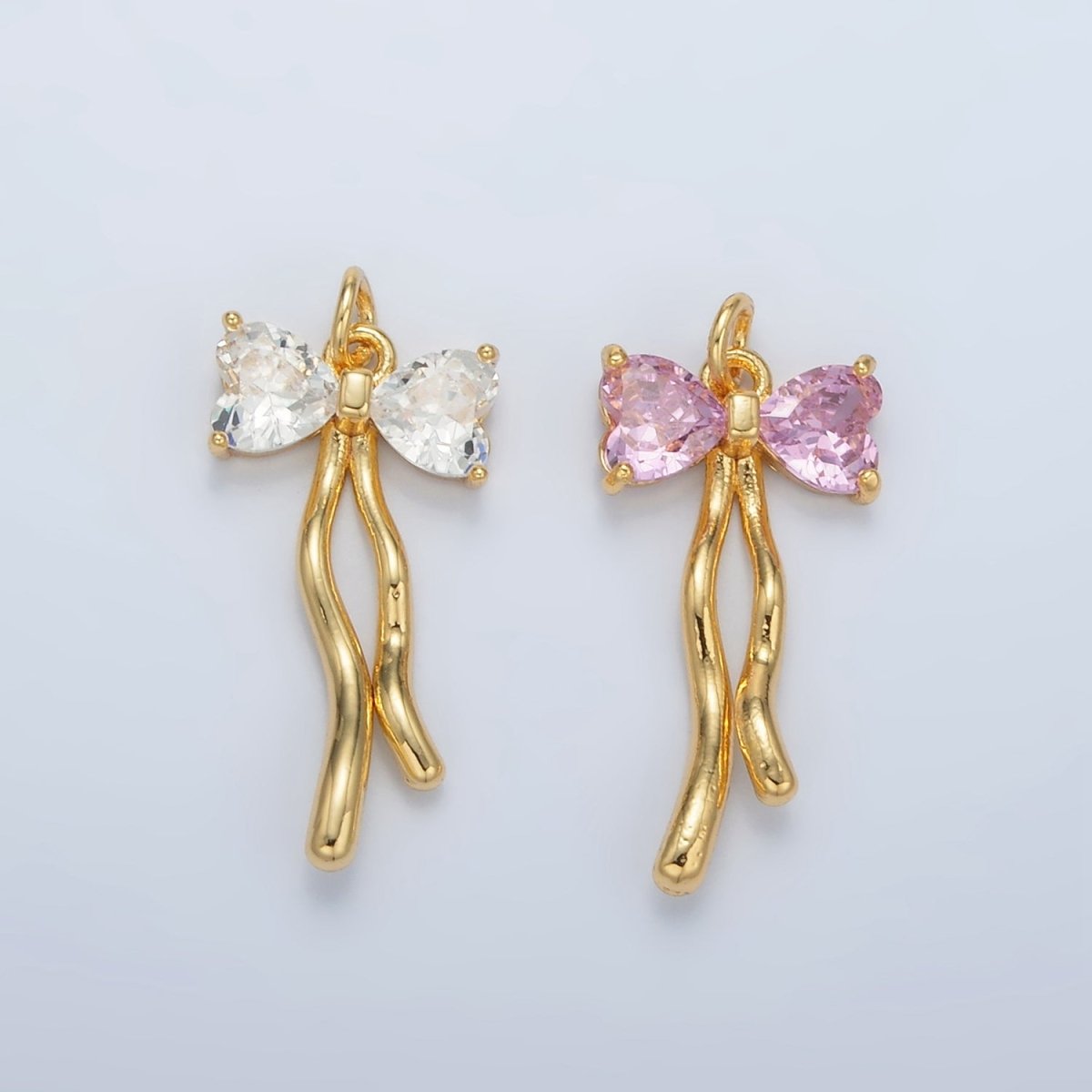 24K Gold Filled Clear, Pink CZ Ribbon Bow Drop Mini Charm in Gold &amp; Silver | AC101 W453