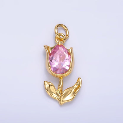 24K Gold Filled Clear, Pink CZ Tulip Charm in Gold &amp; Silver | W819 W820 M182