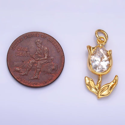 24K Gold Filled Clear, Pink CZ Tulip Charm in Gold &amp; Silver | W819 W820 M182