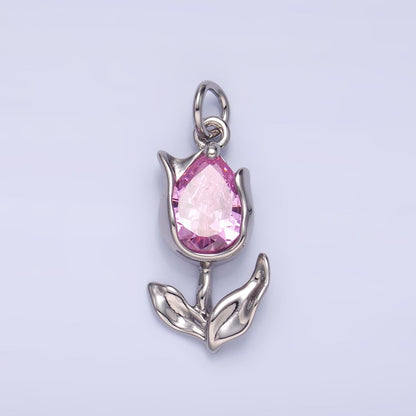 24K Gold Filled Clear, Pink CZ Tulip Charm in Gold &amp; Silver | W819 W820 M182