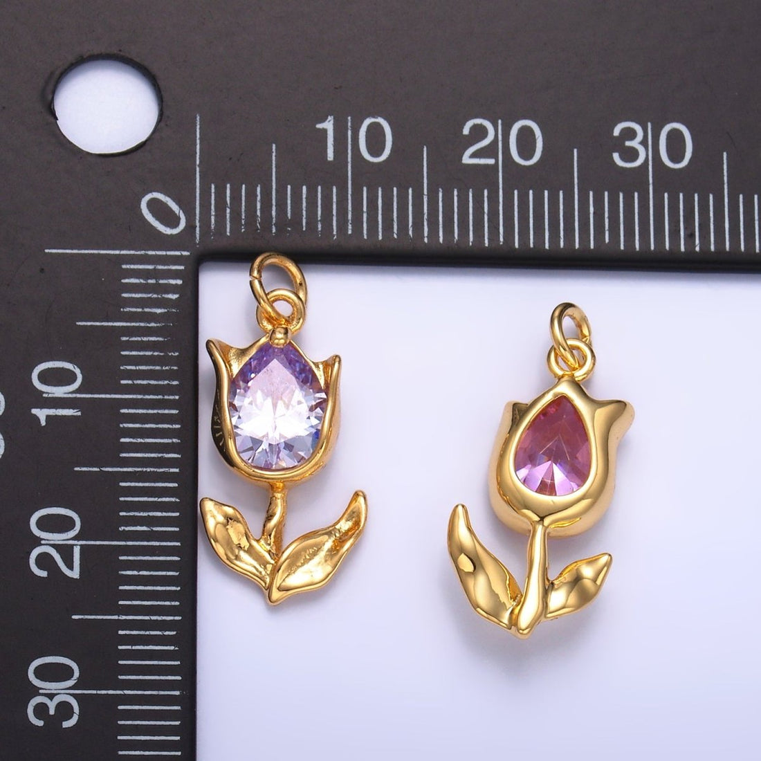 24K Gold Filled Clear, Pink CZ Tulip Charm in Gold &amp; Silver | W819 W820 M182