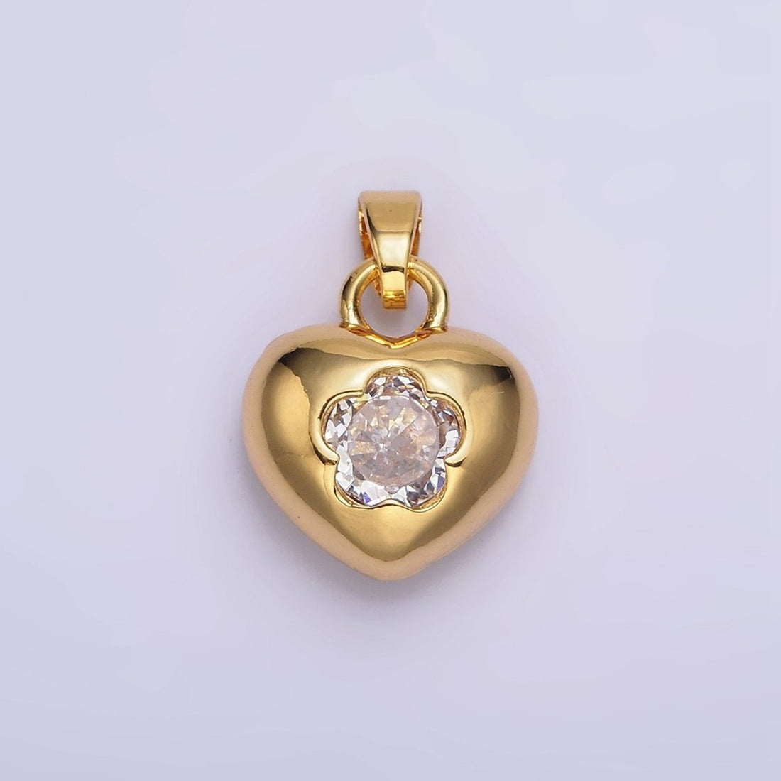 24K Gold Filled Clear, Pink Flower CZ Open Heart Pendant | AA590 AA591