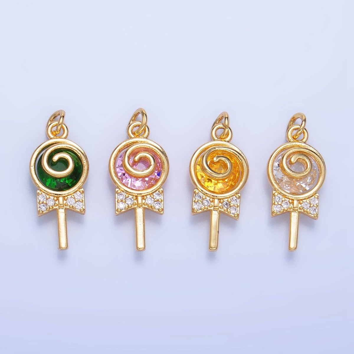 24K Gold Filled Clear, Pink, Green, Yellow CZ Micro Paved Lollipop Charm | W092 W093
