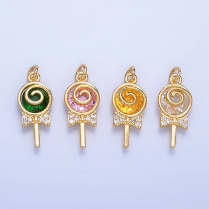 24K Gold Filled Clear, Pink, Green, Yellow CZ Micro Paved Lollipop Charm | W092 W093