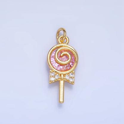 24K Gold Filled Clear, Pink, Green, Yellow CZ Micro Paved Lollipop Charm | W092 W093
