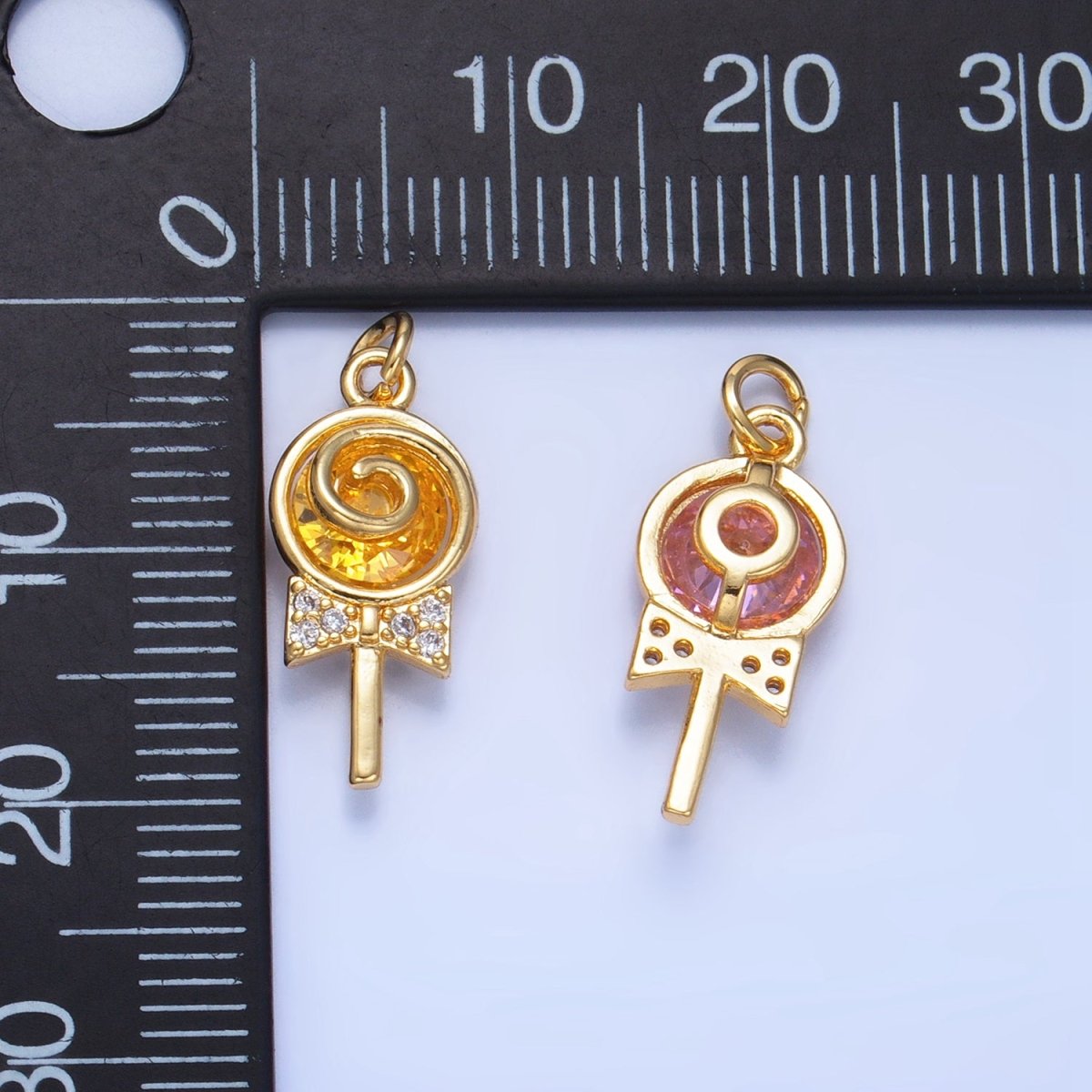 24K Gold Filled Clear, Pink, Green, Yellow CZ Micro Paved Lollipop Charm | W092 W093