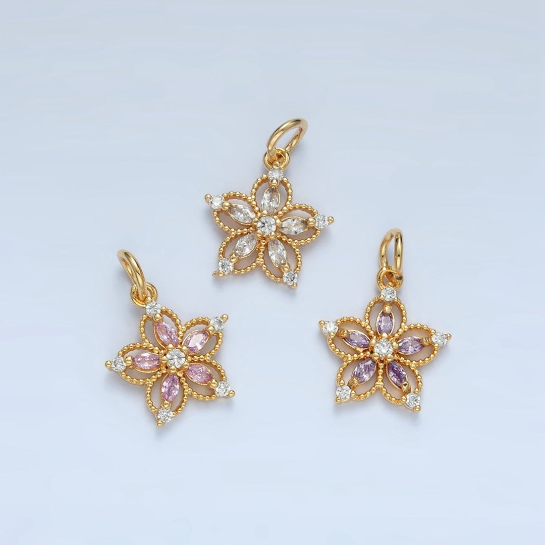 24K Gold Filled Clear, Pink, Purple CZ Marquise Open Flower Charm | N1378