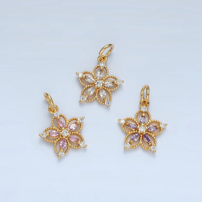 24K Gold Filled Clear, Pink, Purple CZ Marquise Open Flower Charm | N1378