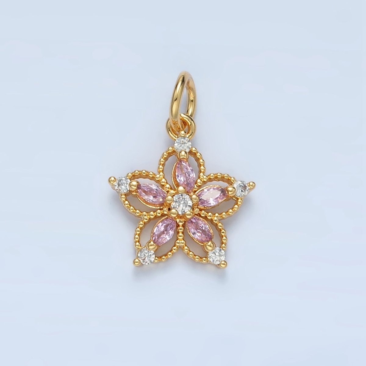 24K Gold Filled Clear, Pink, Purple CZ Marquise Open Flower Charm | N1378
