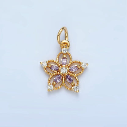 24K Gold Filled Clear, Pink, Purple CZ Marquise Open Flower Charm | N1378