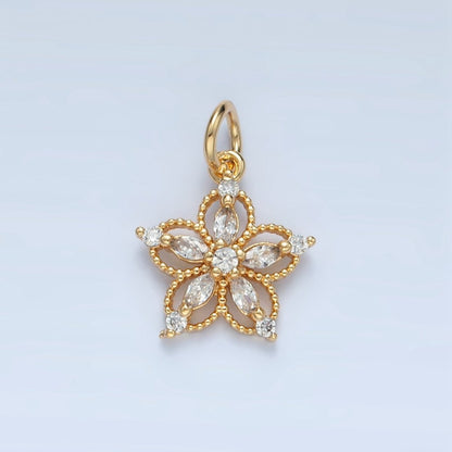 24K Gold Filled Clear, Pink, Purple CZ Marquise Open Flower Charm | N1378