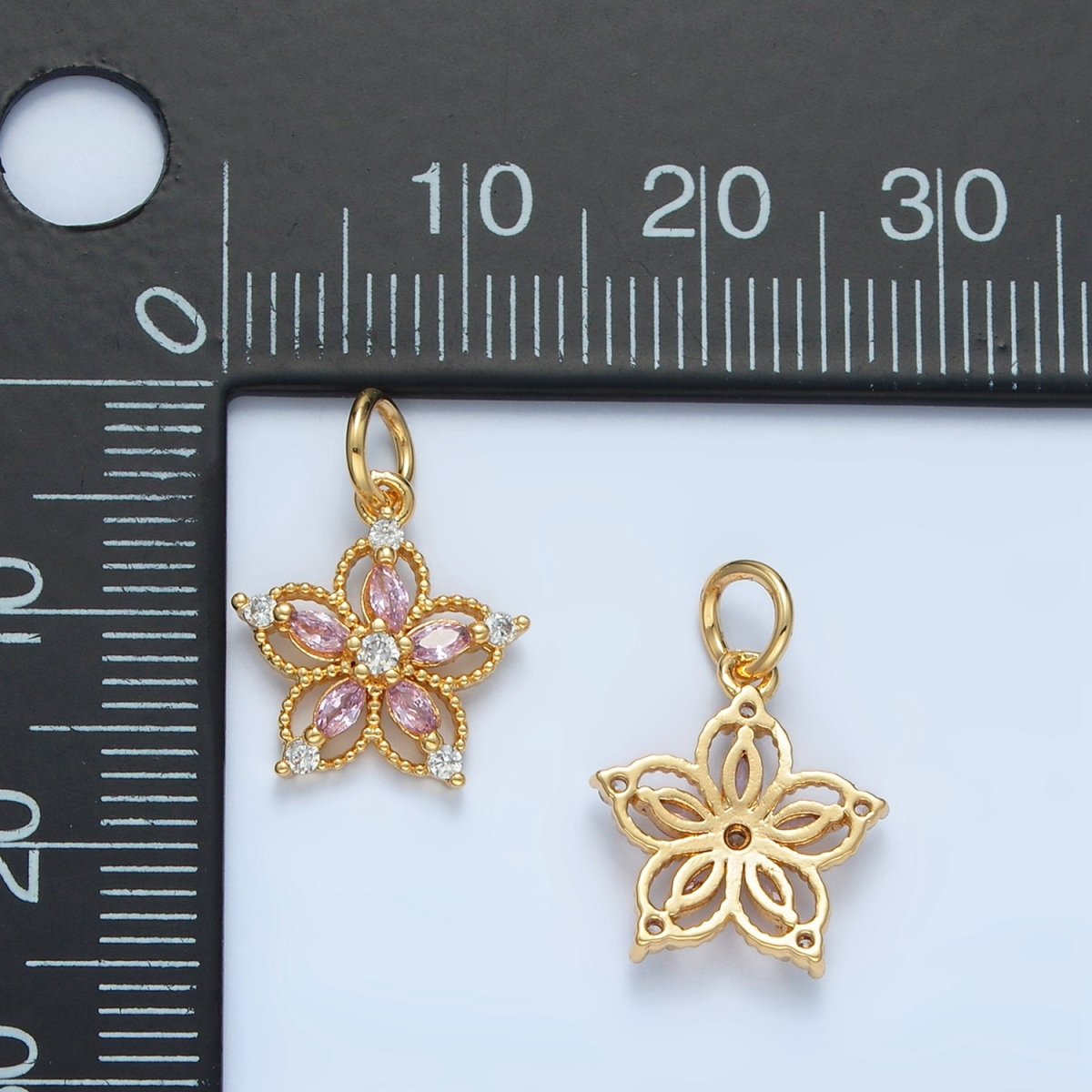 24K Gold Filled Clear, Pink, Purple CZ Marquise Open Flower Charm | N1378