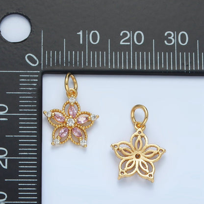 24K Gold Filled Clear, Pink, Purple CZ Marquise Open Flower Charm | N1378