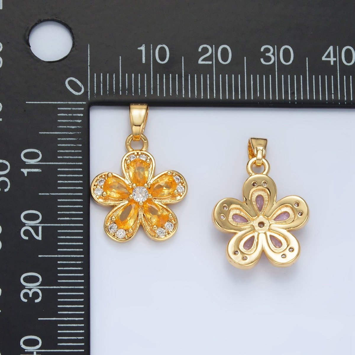 24K Gold Filled Clear, Pink, Yellow CZ Flower Pendant | AA877 AA878