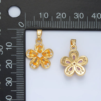 24K Gold Filled Clear, Pink, Yellow CZ Flower Pendant | AA877 AA878