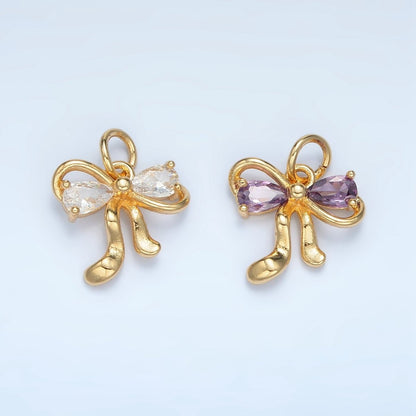 24K Gold Filled Clear, Purple, Peach, Pink CZ Ribbon Bow Charm | X563 X564