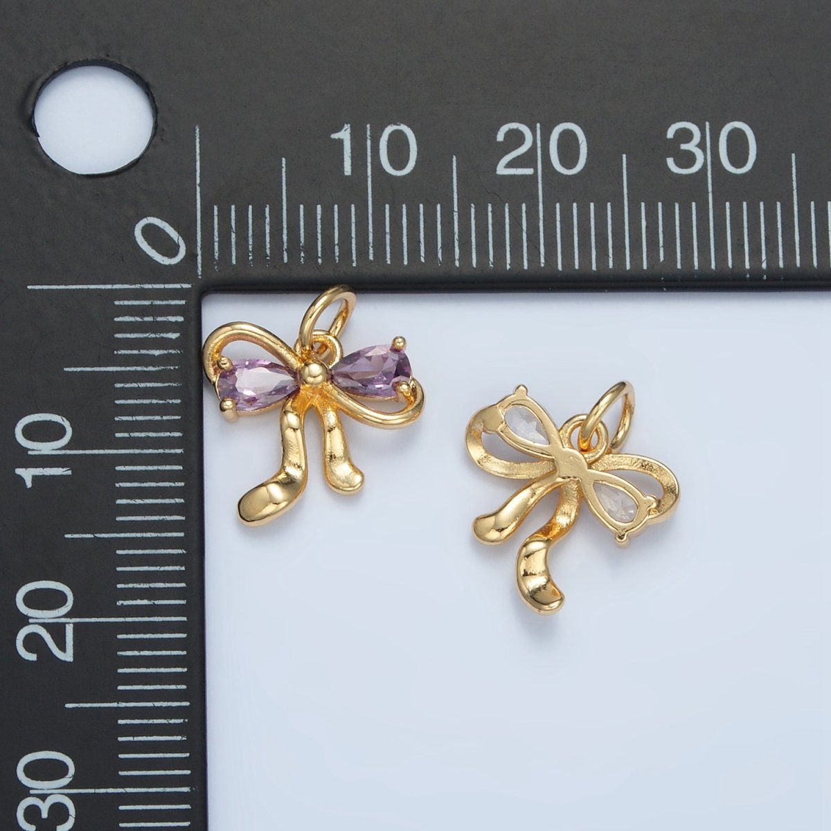 24K Gold Filled Clear, Purple, Peach, Pink CZ Ribbon Bow Charm | X563 X564