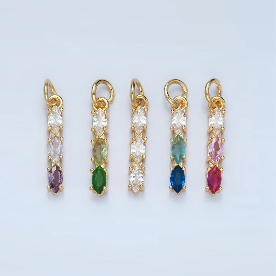 24K Gold Filled Clear, Purple, Green, Pink, Blue Gradient Triple Marquise CZ Linear Charm | X565 - X567