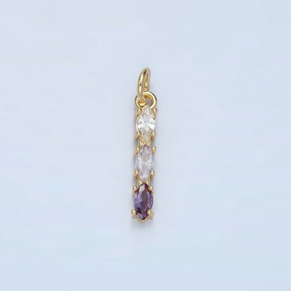 24K Gold Filled Clear, Purple, Green, Pink, Blue Gradient Triple Marquise CZ Linear Charm | X565 - X567
