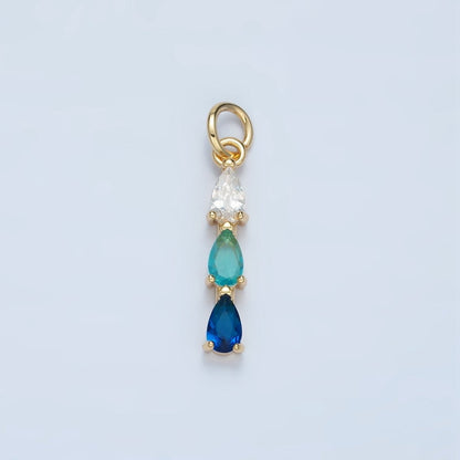 24K Gold Filled Clear, Purple, Green, Pink, Blue Gradient Triple Teardrop CZ Linear Charm | X573 - X575