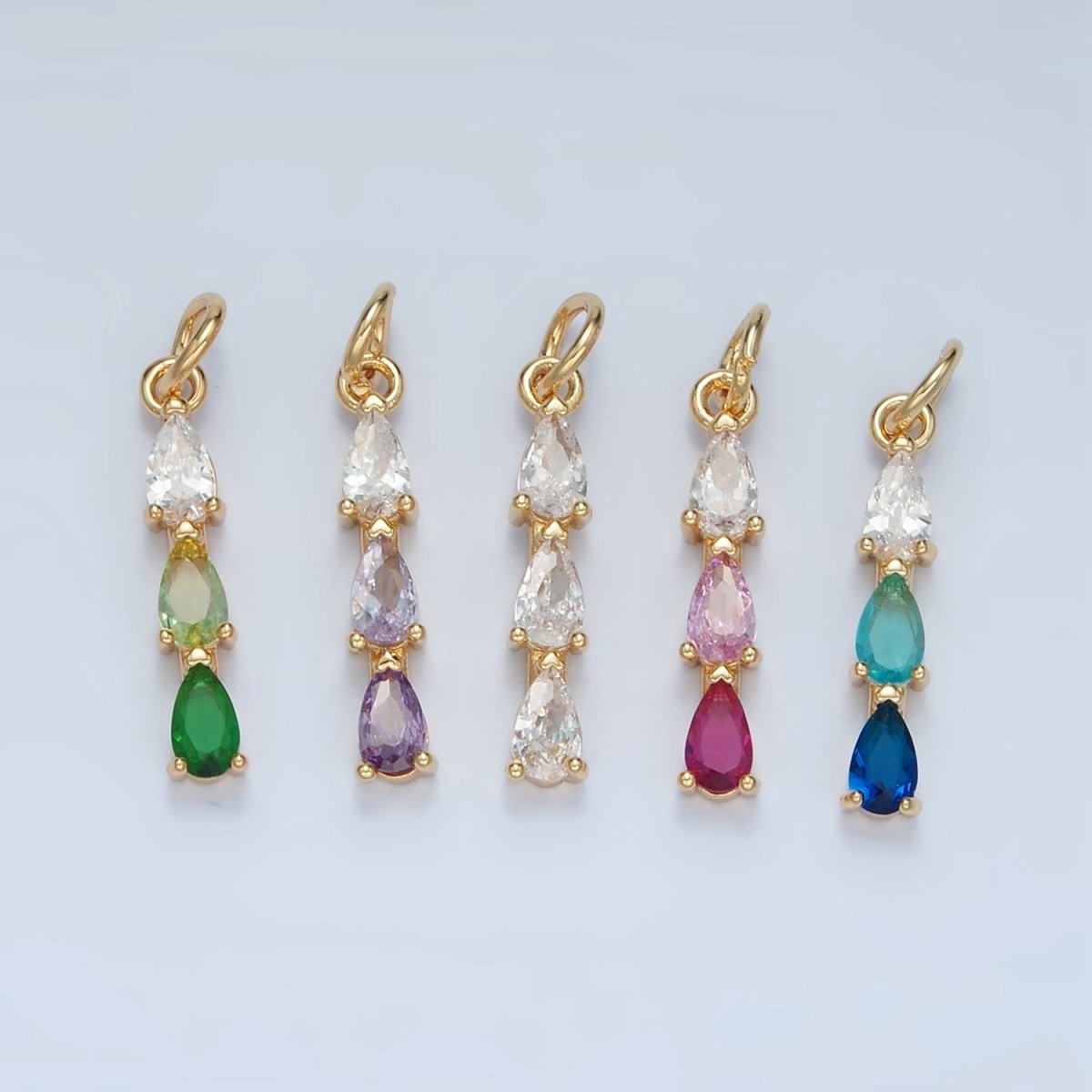 24K Gold Filled Clear, Purple, Green, Pink, Blue Gradient Triple Teardrop CZ Linear Charm | X573 - X575