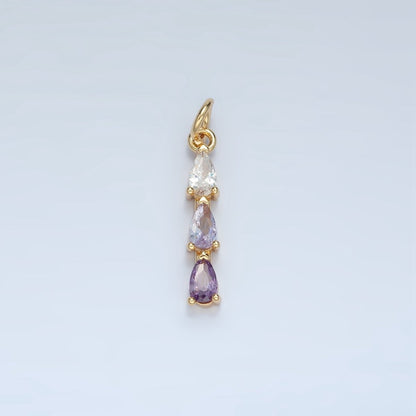 24K Gold Filled Clear, Purple, Green, Pink, Blue Gradient Triple Teardrop CZ Linear Charm | X573 - X575