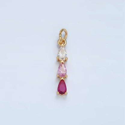 24K Gold Filled Clear, Purple, Green, Pink, Blue Gradient Triple Teardrop CZ Linear Charm | X573 - X575