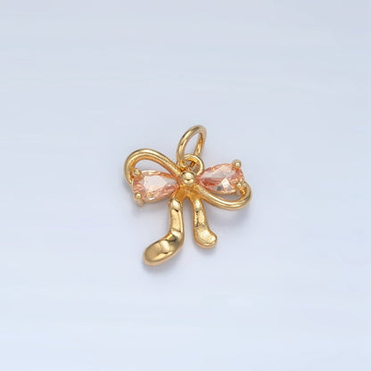 24K Gold Filled Clear, Purple, Peach, Pink CZ Ribbon Bow Charm | X563 X564