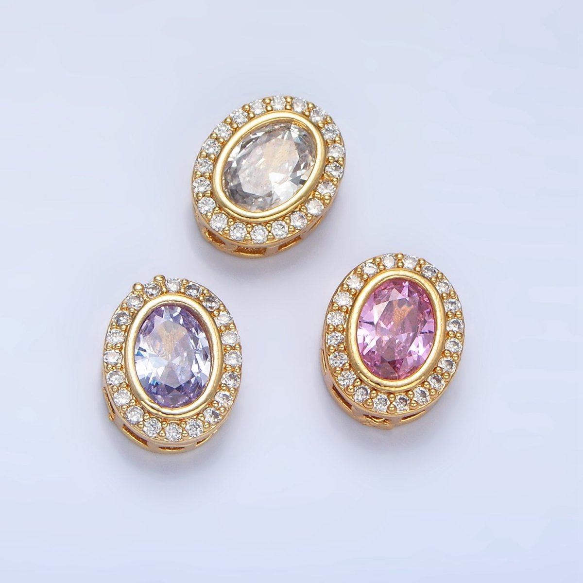 24K Gold Filled Clear, Purple, Pink CZ Micro Paved Oval Bead | B169 B170