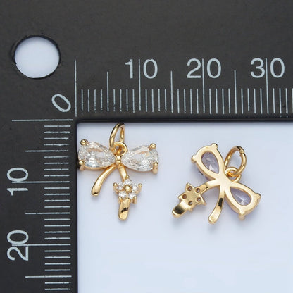 24K Gold Filled Clear, Purple, Pink CZ Ribbon Bow Flower Charm | AG891 AG892