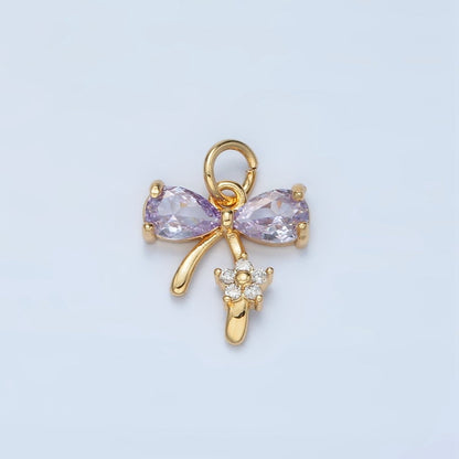 24K Gold Filled Clear, Purple, Pink CZ Ribbon Bow Flower Charm | AG891 AG892