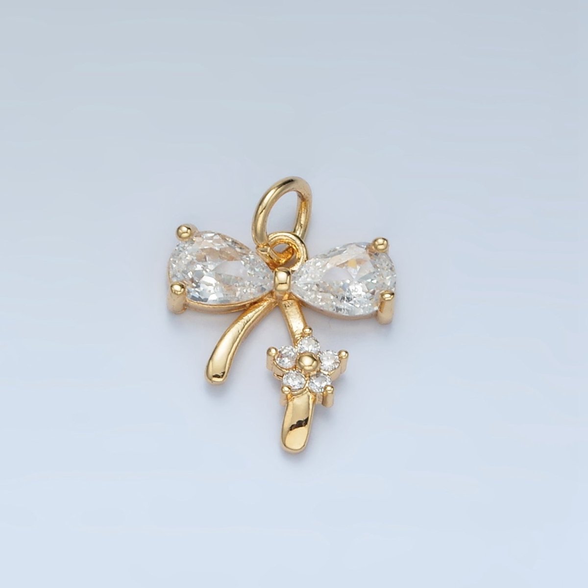 24K Gold Filled Clear, Purple, Pink CZ Ribbon Bow Flower Charm | AG891 AG892